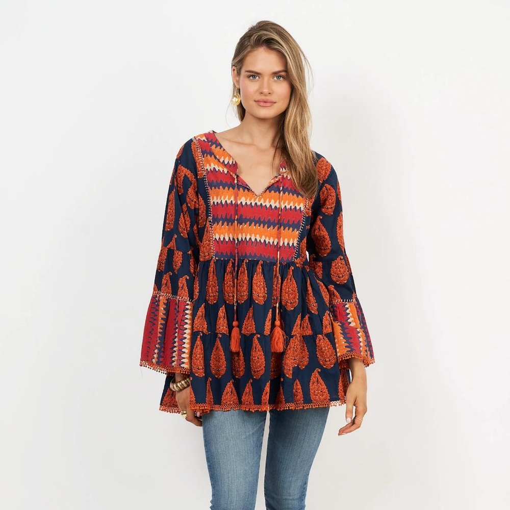 Naudic Caribbean Print Belmont Tunic Top Orange Medium